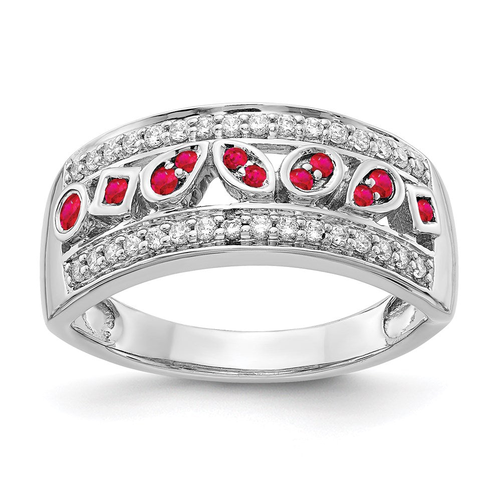 14K Weißgold Ring mit echtem Diamant und Rubin, Fantasie-Design