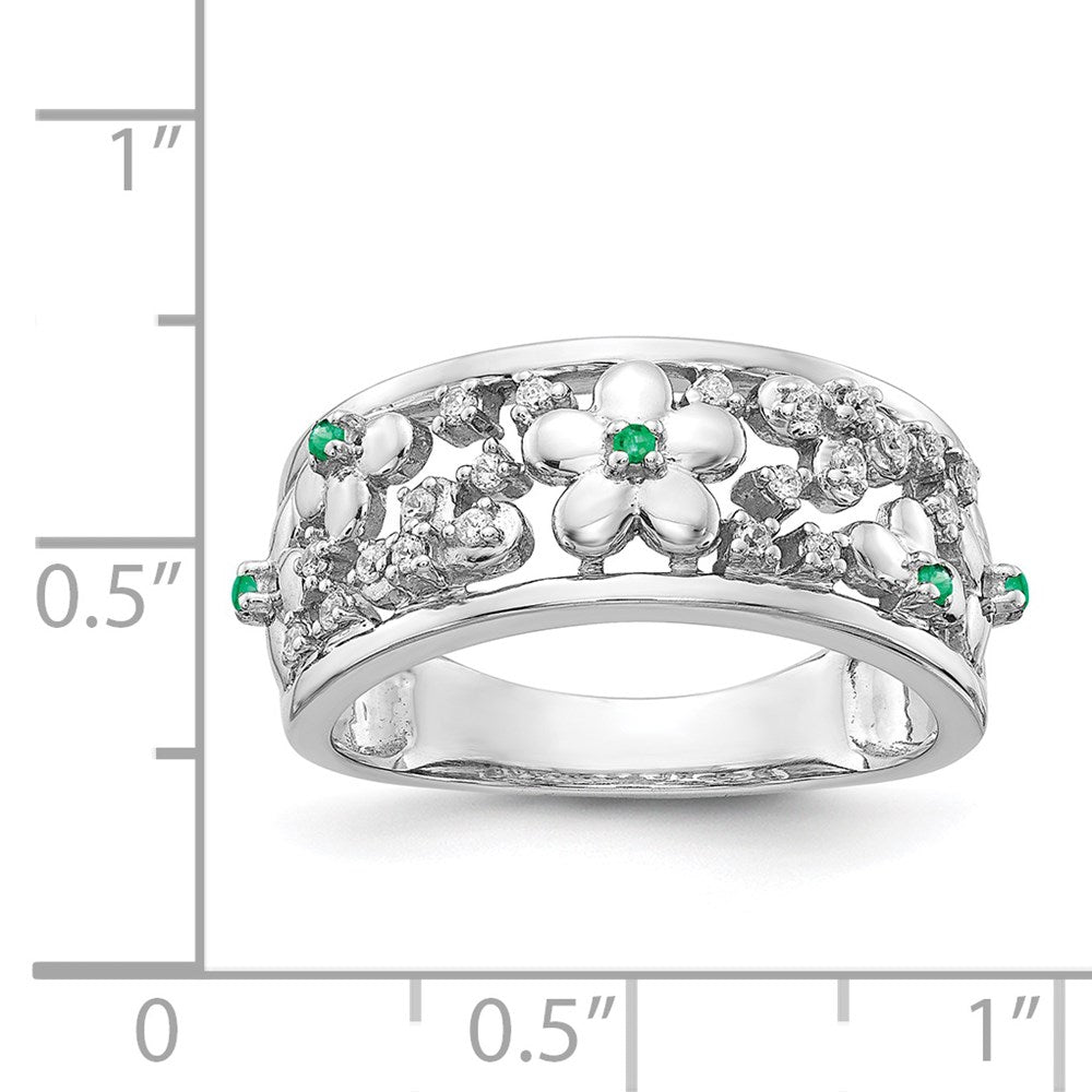14K Weißgold Ring mit echten Diamanten und Smaragden, Blumendesign