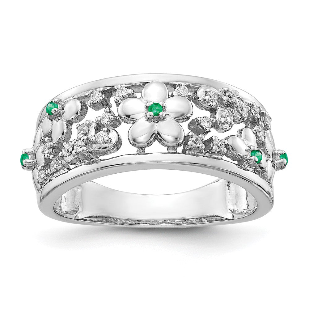 14K Weißgold Ring mit echten Diamanten und Smaragden, Blumendesign