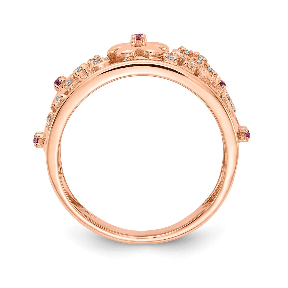 14K Roségold Ring mit echten Diamanten und Rubinen in Blumendesign