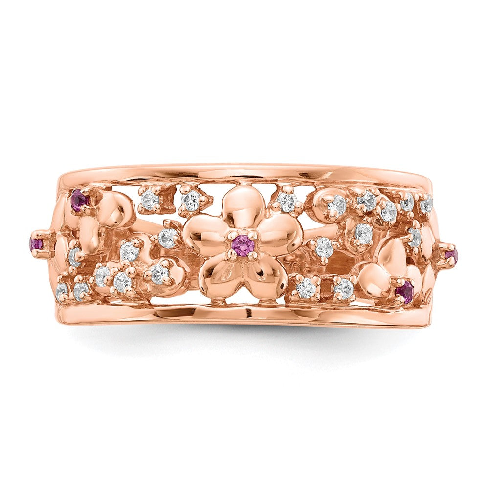 14K Roségold Ring mit echten Diamanten und Rubinen in Blumendesign
