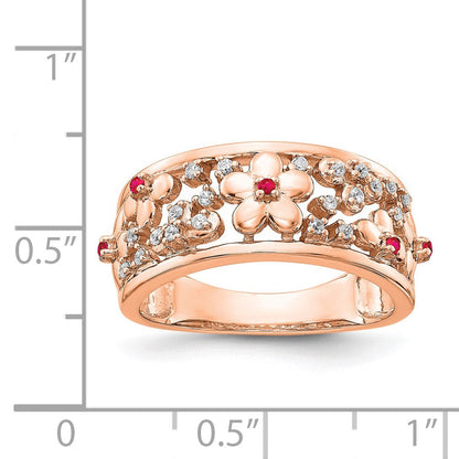 14K Roségold Ring mit echten Diamanten und Rubinen in Blumendesign