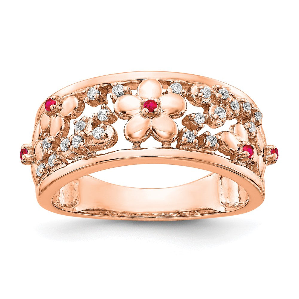14K Roségold Ring mit echten Diamanten und Rubinen in Blumendesign