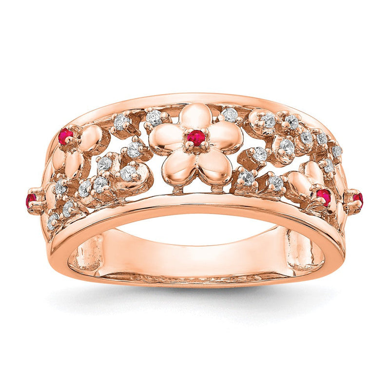 14K Roségold Ring mit echten Diamanten und Rubinen in Blumendesign