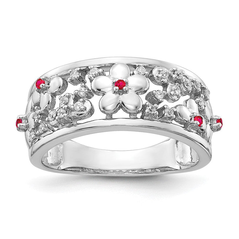 14K Weißgold Ring mit echten Diamanten und Rubin, Blumendesign