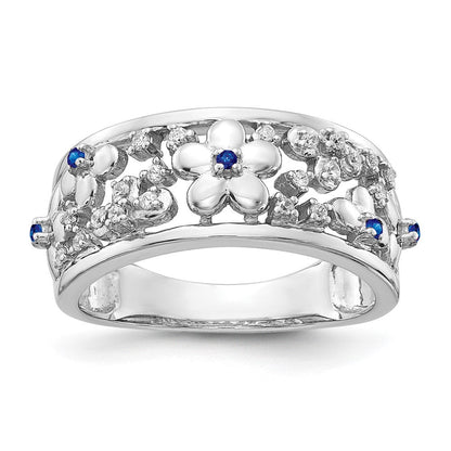 14K Weißgold Ring mit echten Diamanten und Saphiren in Blumenform