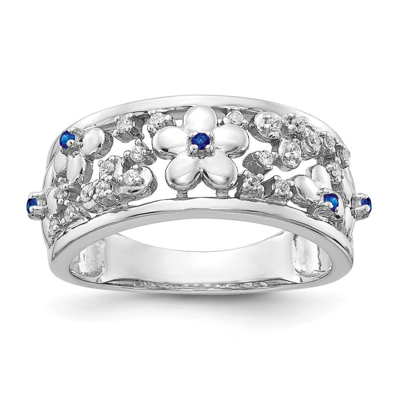 14K Weißgold Ring mit echten Diamanten und Saphiren in Blumenform