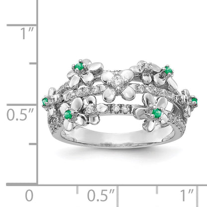 14K Weißgold Ring mit echten Diamanten und Smaragden im Blumendesign