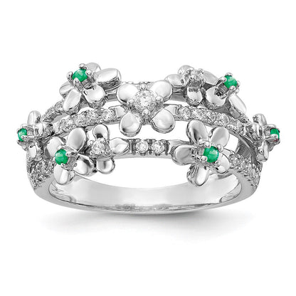 14K Weißgold Ring mit echten Diamanten und Smaragden im Blumendesign