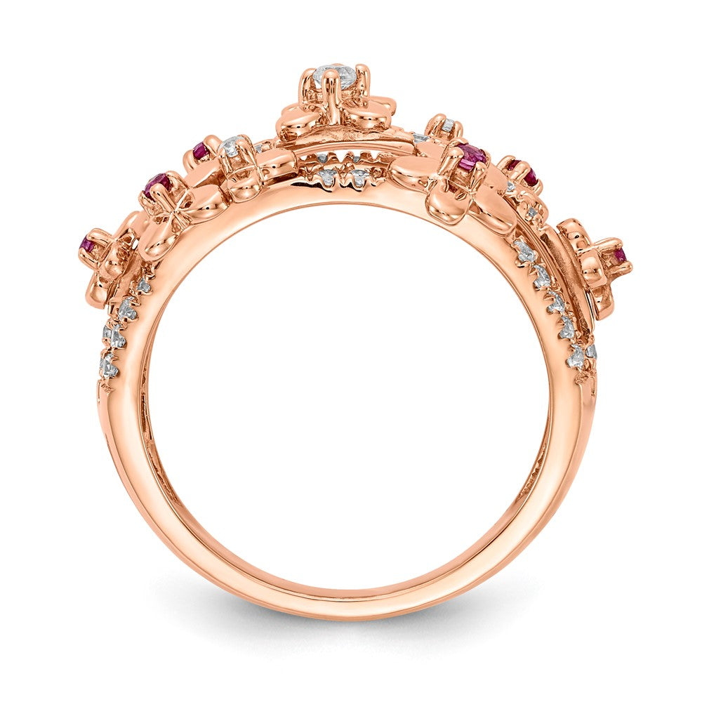 14K Roségold Ring mit echtem Diamant und Rubin, Blumendesign