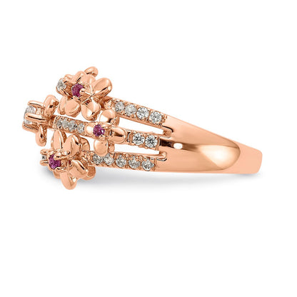 14K Roségold Ring mit echtem Diamant und Rubin, Blumendesign