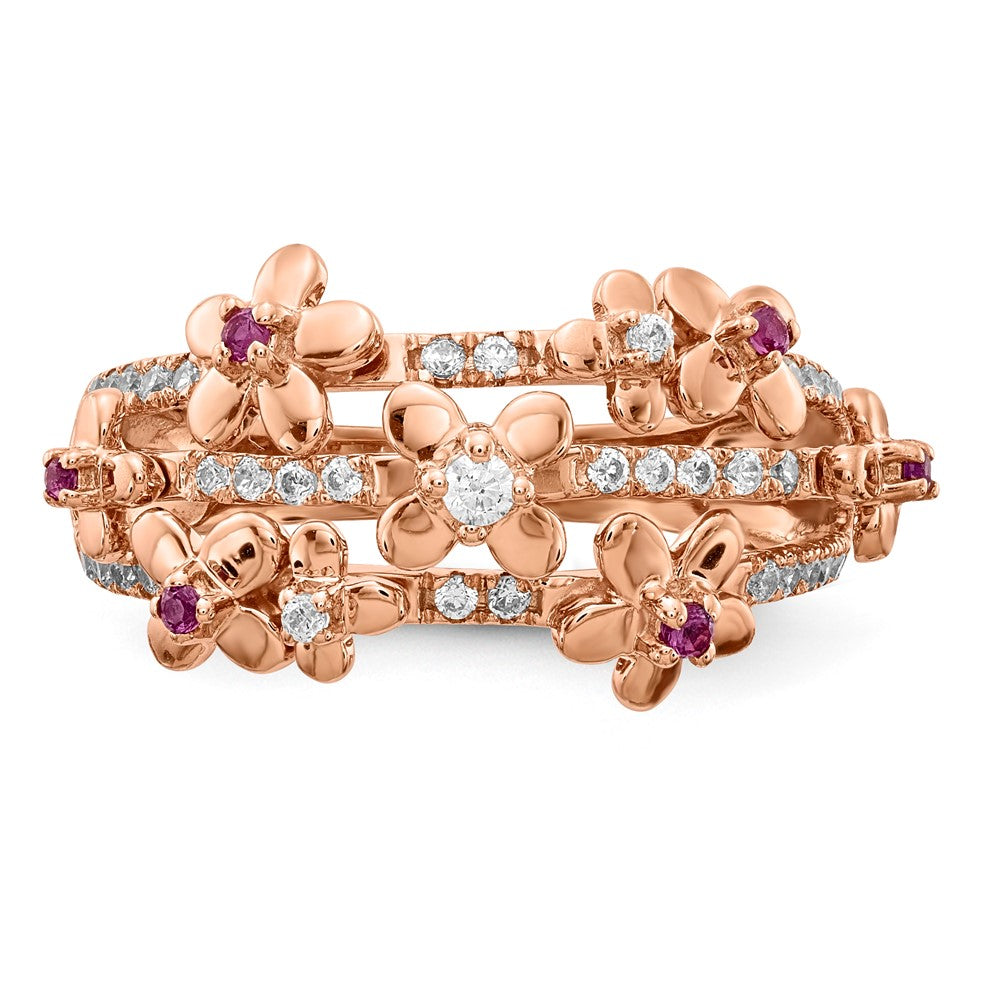 14K Roségold Ring mit echtem Diamant und Rubin, Blumendesign