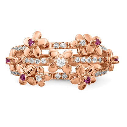 14K Roségold Ring mit echtem Diamant und Rubin, Blumendesign
