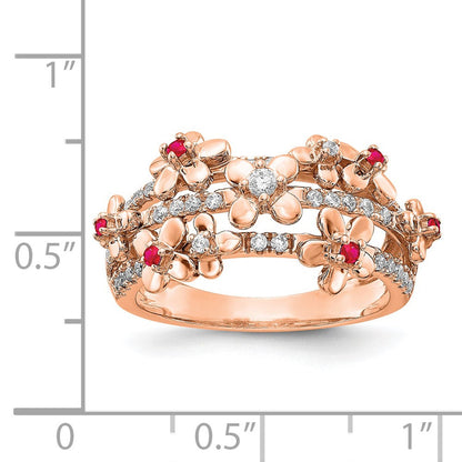 14K Roségold Ring mit echtem Diamant und Rubin, Blumendesign