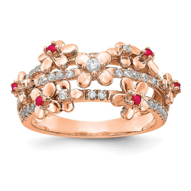 14K Roségold Ring mit natürlichen Diamanten und Rubinen in Blumenform