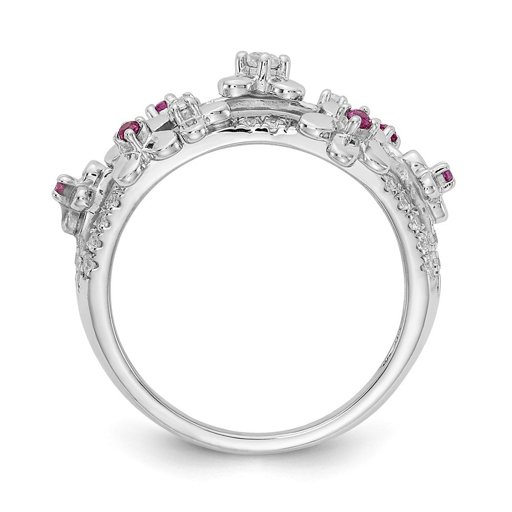14K Weißgold Ring mit echten Diamanten und Rubinen, Blumendesign