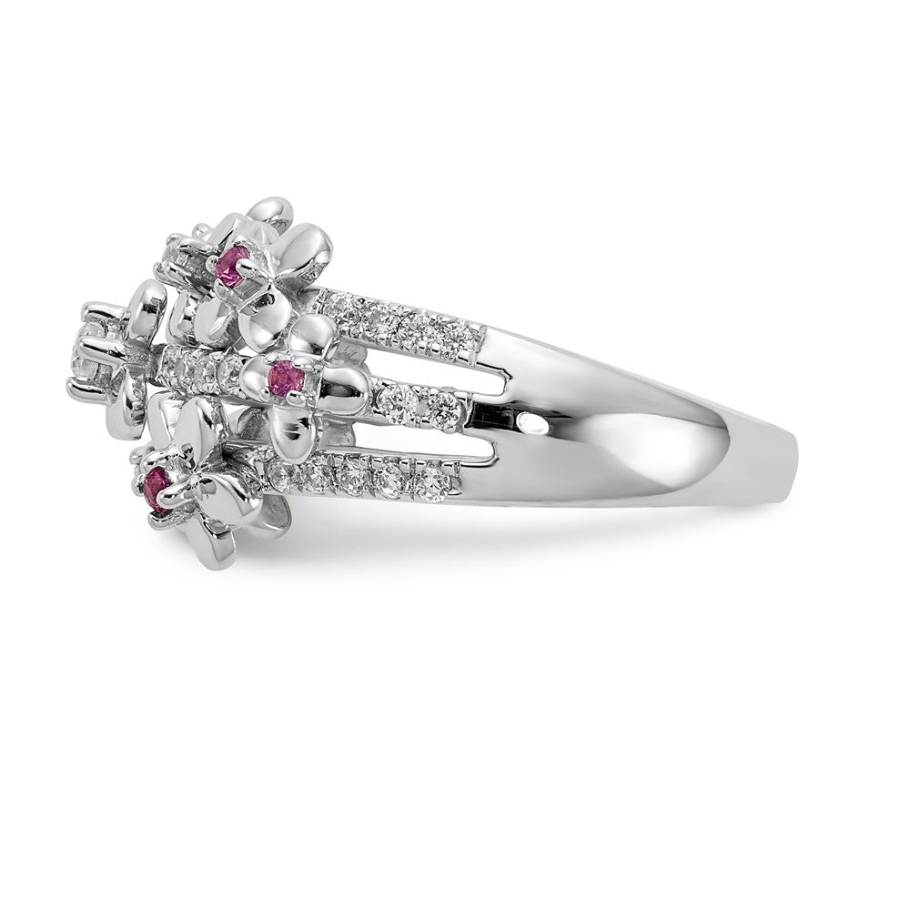 14K Weißgold Ring mit echten Diamanten und Rubinen, Blumendesign