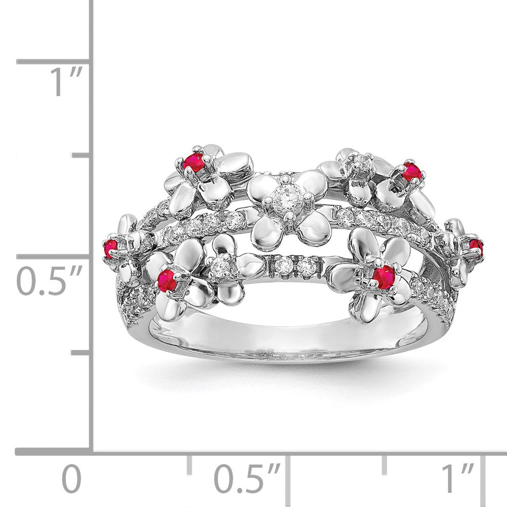 14K Weißgold Ring mit echten Diamanten und Rubinen, Blumendesign