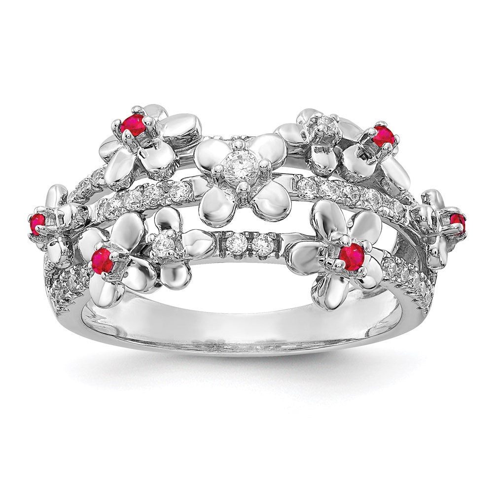 14K Weißgold Ring mit echten Diamanten und Rubinen, Blumendesign