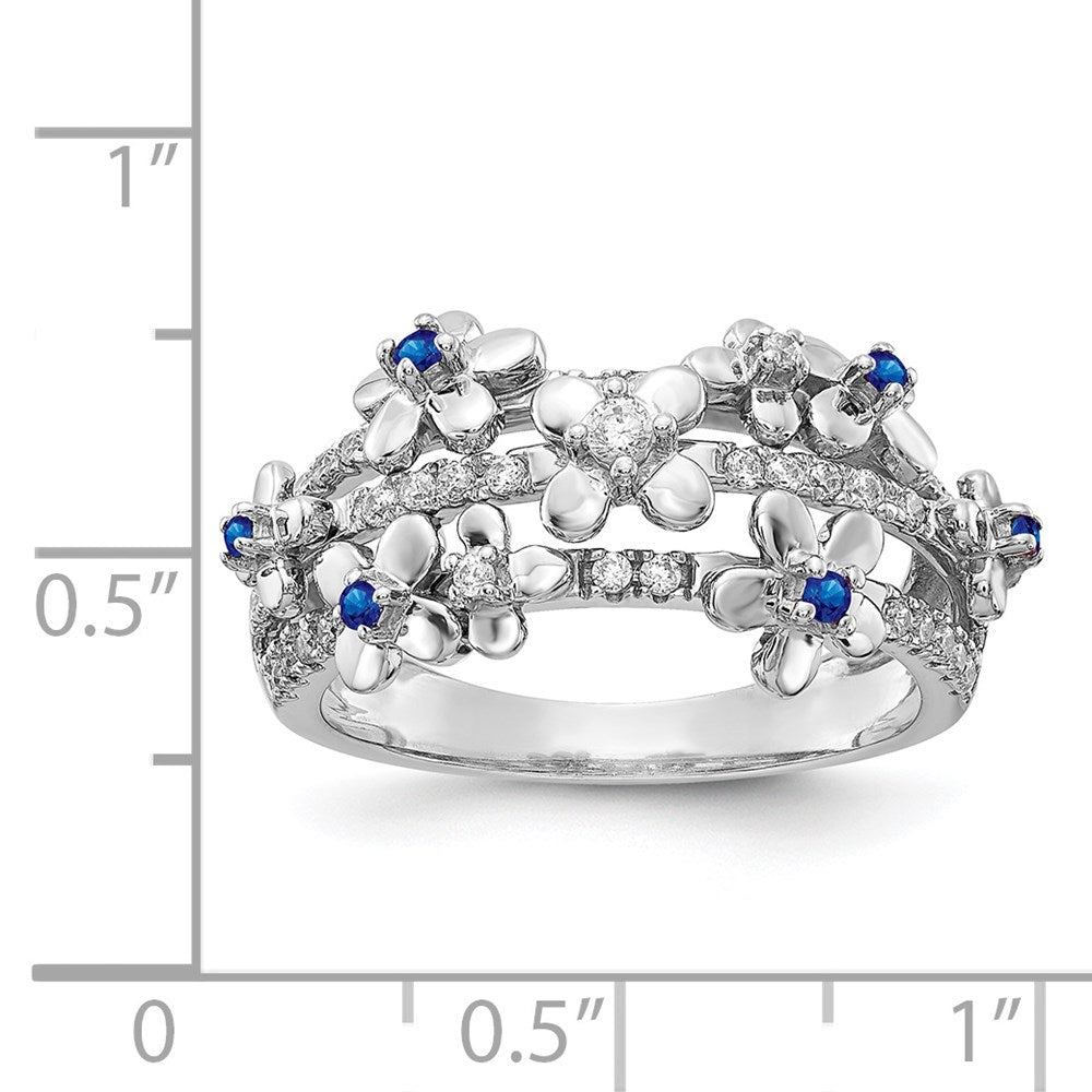 14K Weißgold Ring mit echten Diamanten und Saphiren, Blumendesign