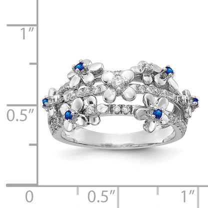 14K Weißgold Ring mit echten Diamanten und Saphiren, Blumendesign