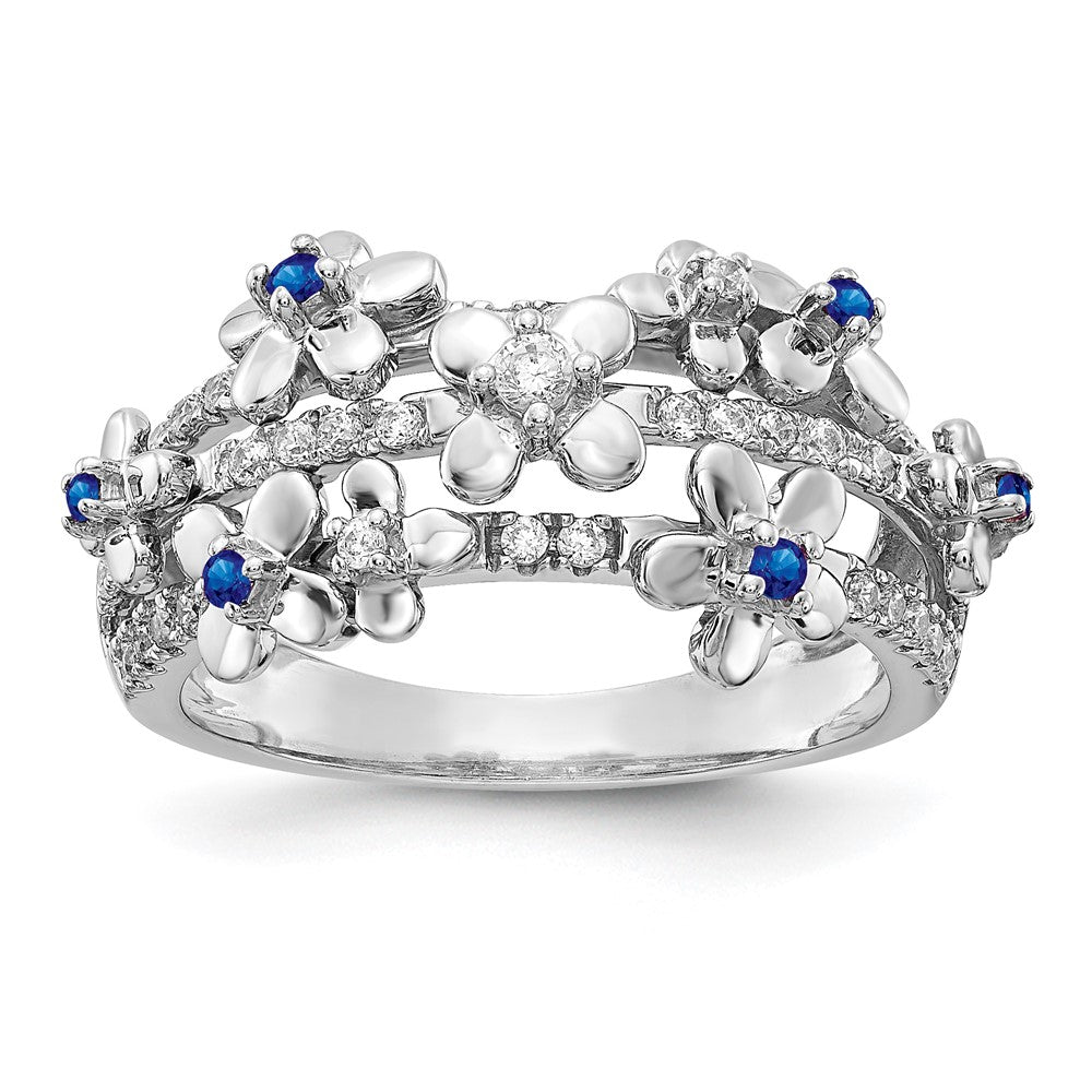 14K Weißgold Ring mit echten Diamanten und Saphiren, Blumendesign
