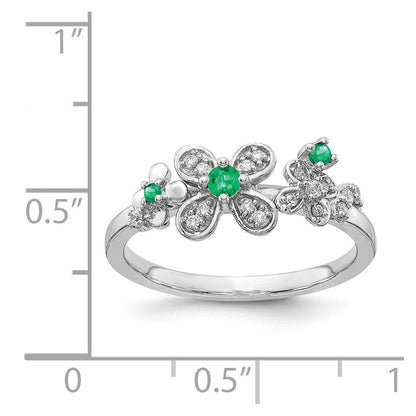 14K Weißgold Ring mit echtem Diamant und Smaragd im Blumendesign