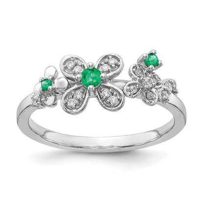 14K Weißgold Ring mit echtem Diamant und Smaragd im Blumendesign