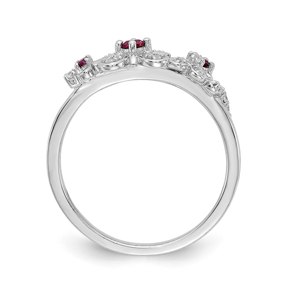 14K Weißgold Ring mit echten Diamanten und Rubinen in Blumenform