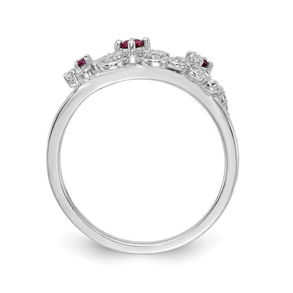 14K Weißgold Ring mit echten Diamanten und Rubinen in Blumenform
