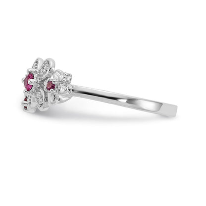 14K Weißgold Ring mit echten Diamanten und Rubinen in Blumenform