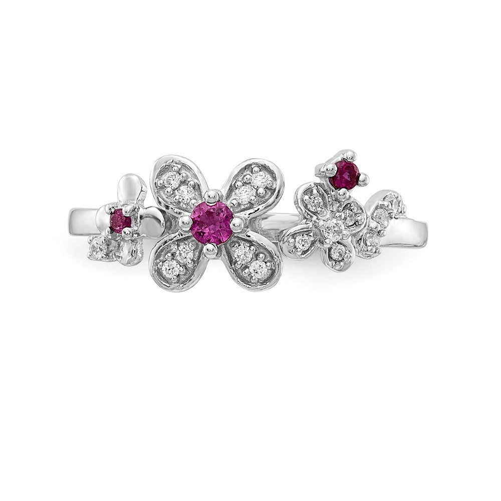 14K Weißgold Ring mit echten Diamanten und Rubinen in Blumenform