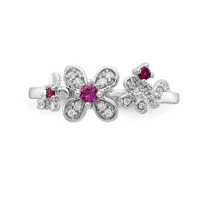 14K Weißgold Ring mit echten Diamanten und Rubinen in Blumenform