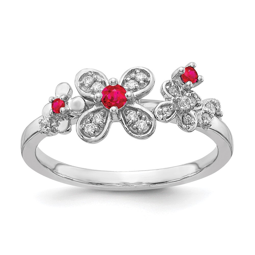 14K Weißgold Ring mit echten Diamanten und Rubinen in Blumenform