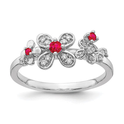 14K Weißgold Ring mit echten Diamanten und Rubinen in Blumenform