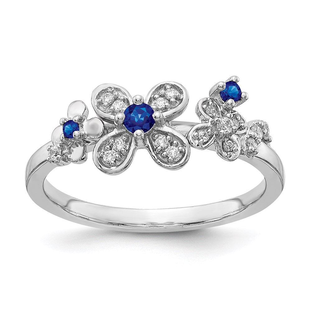 14K Weißgold Ring mit echten Diamanten und Saphiren in Blumenform