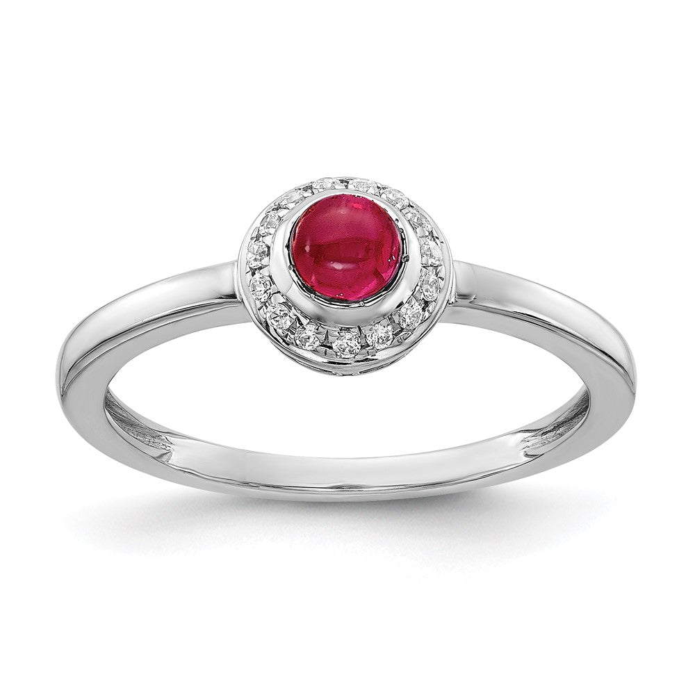 14K Weißgold Ring mit echten Diamanten und Rubin-Cabochons