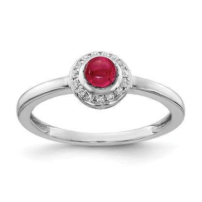14K Weißgold Ring mit echten Diamanten und Rubin-Cabochons