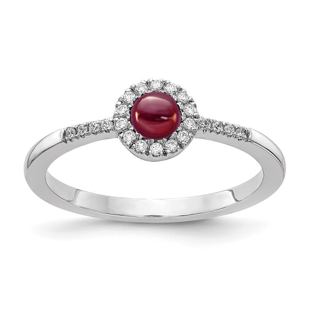14K Weißgold Ring mit natürlichem Diamant und Granat-Cabochon