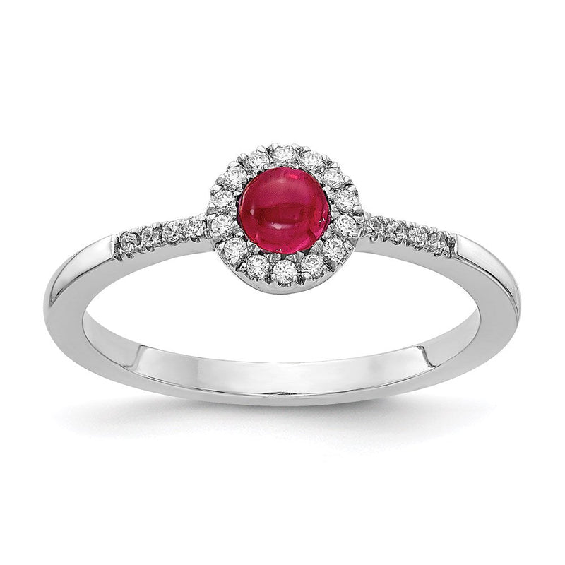 14K Weißgold Ring mit natürlichem Diamant und Rubin-Cabochon