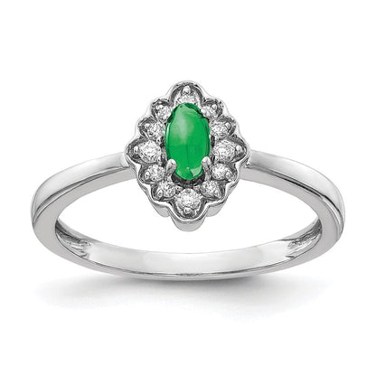 14K Weißgold Ring mit echten Diamanten und ovalen Cabochon-Smaragden
