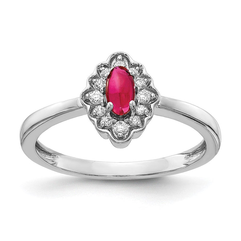14K Weißgold Ring mit natürlichen Diamanten und ovalem Rubin-Cabochon