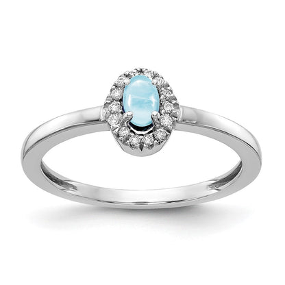 14K Weißgold Ring mit natürlichem Diamant und ovalem Aquamarin-Cabochon