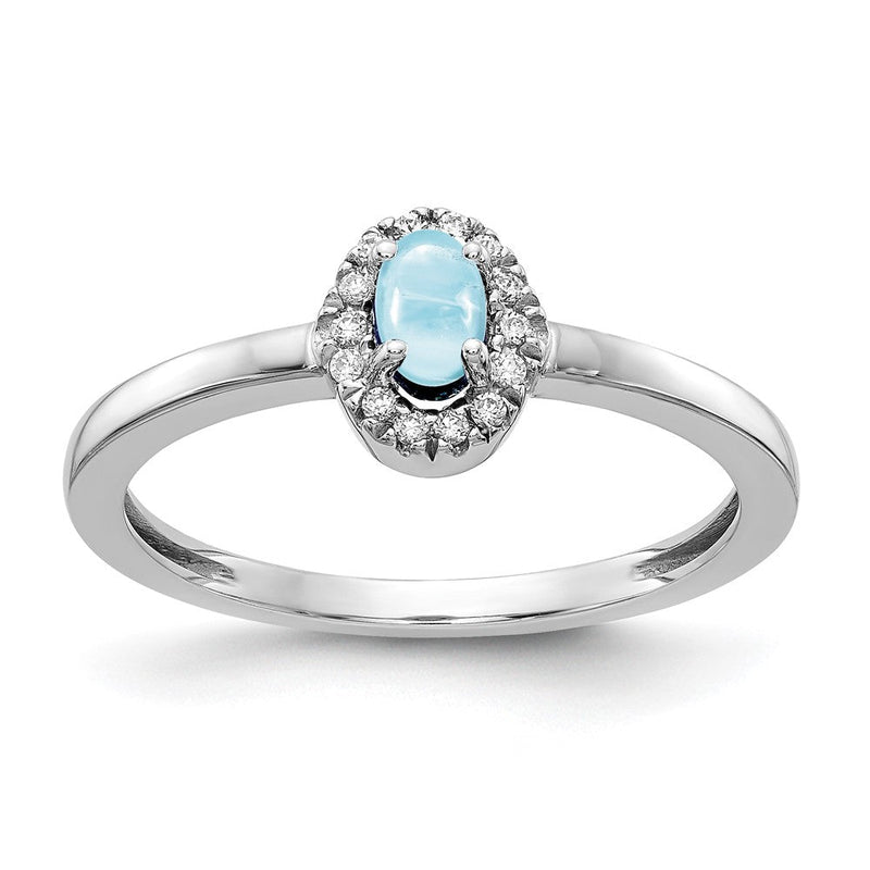 14K Weißgold Ring mit natürlichem Diamant und ovalem Aquamarin-Cabochon