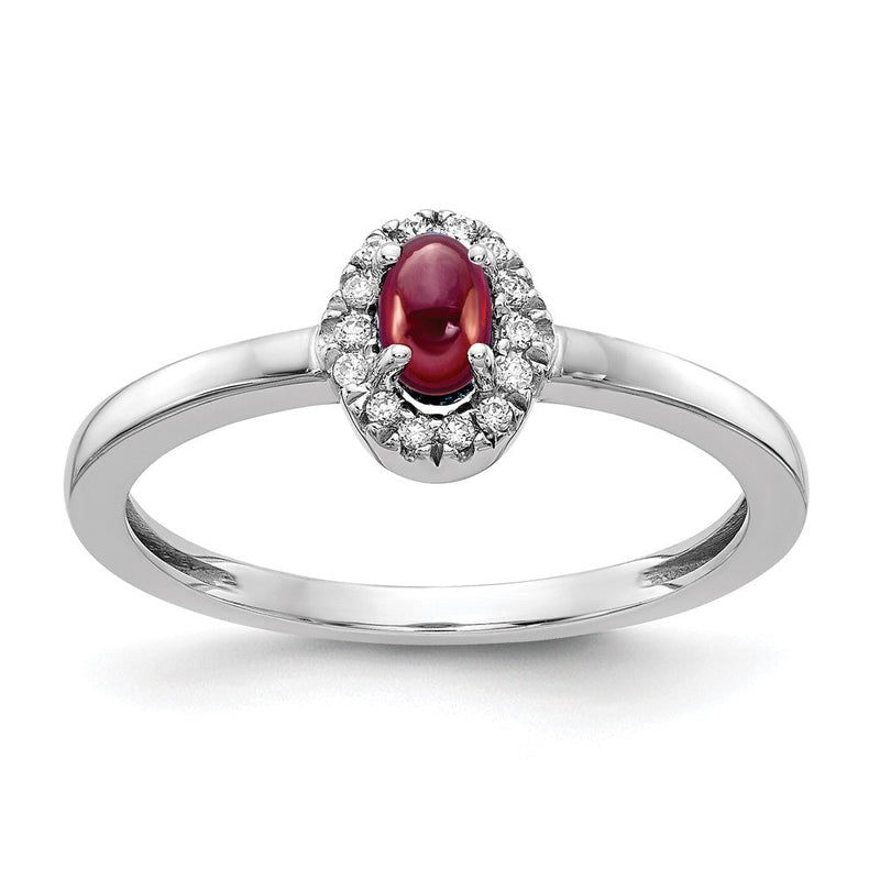 14K Weißgold Ring mit natürlichen Diamanten und ovalem Granat-Cabochon