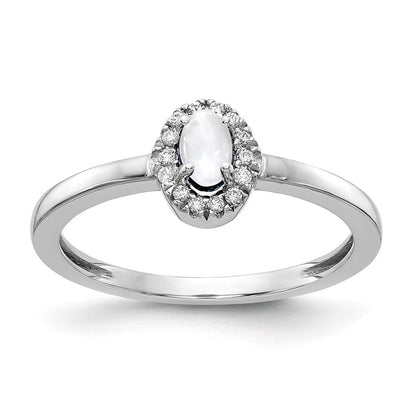 14K Weißgold Ring mit echten Diamanten und ovalem Cabochon-Weißtopas