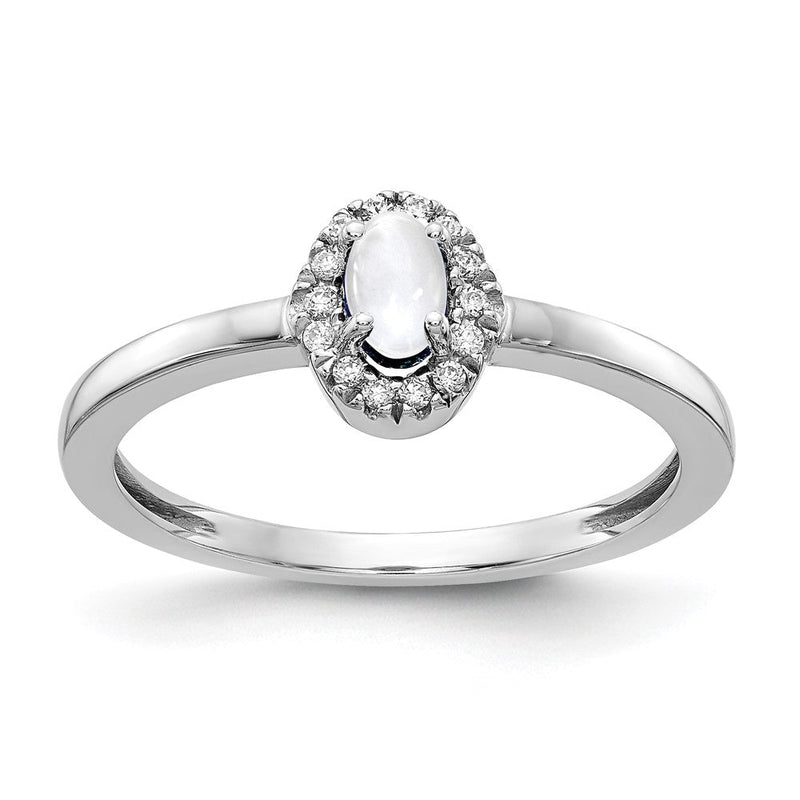 14K Weißgold Ring mit echten Diamanten und ovalem Cabochon-Weißtopas