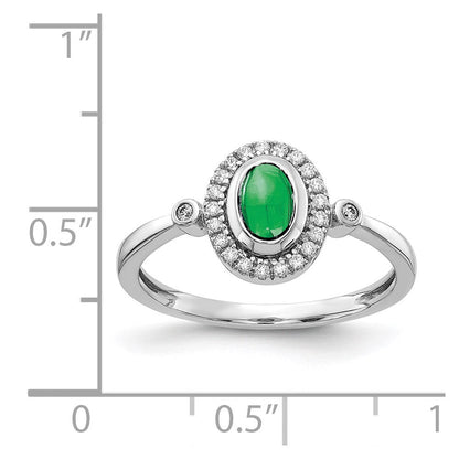 14K Weißgold Ring mit echtem Diamanten und ovalem Cabochon-Smaragd in Halo-Fassung