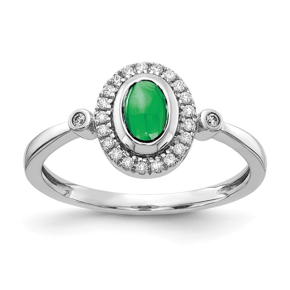 14K Weißgold Ring mit echtem Diamanten und ovalem Cabochon-Smaragd in Halo-Fassung