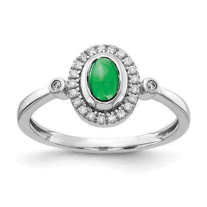 14K Weißgold Ring mit echtem Diamanten und ovalem Cabochon-Smaragd in Halo-Fassung